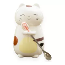 Taza De Cerámica Gato Sonriente Con Tapa Y Cucharita Kawaii