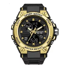 Relógio De Pulso Sanda Top Tean 739 Com Corpo Dourado, Analógico-digital, Para Masculino, Fundo Preto, Com Correia De Poliuretano Cor Preto, Agulhas Cor Dourado E Branco, Subdials De Cor Dourado, Su