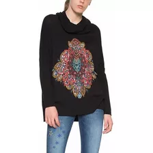 Sweater Desigual Nuevo L Negro Estampado Cuello Alto