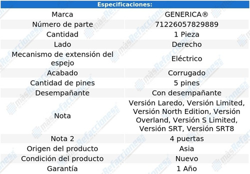 Espejo Derecho Elect Corrug C/desemp Grand Cherokee 05-10 Foto 2