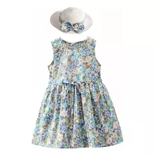 Vestido Niña Verano Floral Rosa Sin Manga Sombrero De Regalo