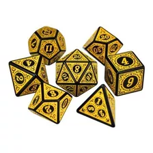 Dados Rpg Conjunto Com Sete - Runas Preta C/n° Amarelo