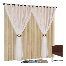 Cortina Cetim Amassadinho Com Voil 3,00 X 2,50 Quarto/sala Cor Dourado/palha