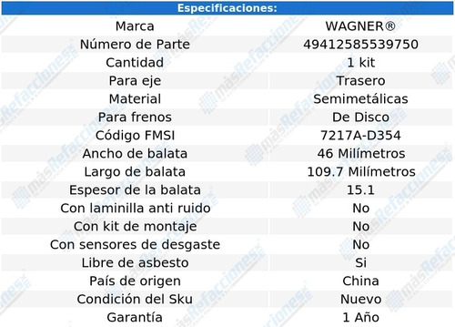 Kit De Balatas Semimetalicas Tra Wagner Reatta 3.8l 88 Al 91 Foto 2