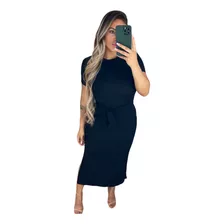 Vestido Feminino Mídi Fenda Liso Amarração Gola Redonda