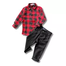 Conjunto Camisa Xadrez Com Calça Preta Infantil Masculino