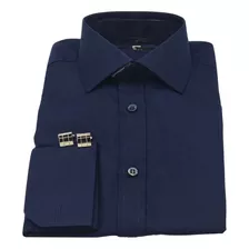 Camisa Italiana De Abotoadura Azul Escuro Marinho Lisa
