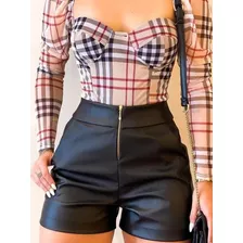 Short Curto Courino Feminino Estiloso Moda Blogueira Com Zip