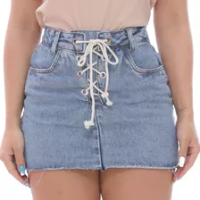 Mini Saia Jeans Cintura Alta Feminina Com Cordão Curta