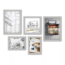Kit Com 5 Quadros Decorativos - Arquitetura Projeto Sala Cor Moldura Branca