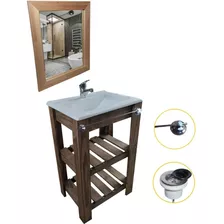 Mueble Para Baño Df Hogar Campo Pie + Bacha + Toallero + Espejo De 50cm De Ancho, 80cm De Alto Y 37cm De Profundidad, Con Bacha Color Blanco Y Mueble Nogal Oscuro Con Un Agujero Para Grifería