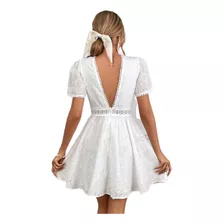 Vestido Corto Blanco Casual Bordado Ojal Moda Juvenil Playa