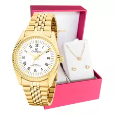 Relógio Feminino Dourado Champion Luxo + Colar E Brincos 18k