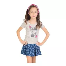 Conjunto Feminino Infantil C/ Short Saia Estampa Corações Nº 4 Ao 8