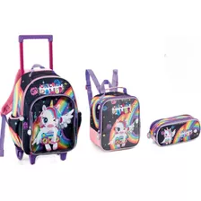 Kit Mochila Bolsa Infantil Escolar Feminina Unicórnio 