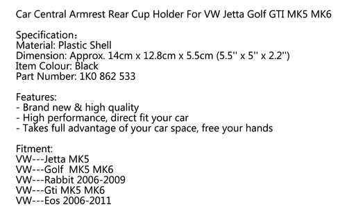 Portavasos Trasero Para Vw Jetta Gti Mk5 Golf Mk6 Negro Foto 8