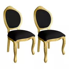 Kit 2 Cadeiras Antiga De Madeira Entalhada Classica Luiz Xv Cor Da Estrutura Dourado/preto