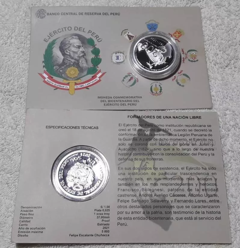 Moneda De Plata Alusiva Al Bicentenario Del Ejército Peruano