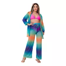 Conjunto Tule Kimono E Calça Pantalona Saída De Praia Verão