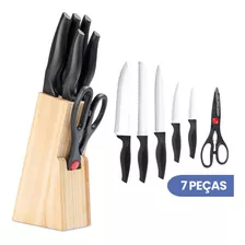 Jogo De Facas Com Suporte 7 Peças Com Cepo Madeira Aço Inox Cor Preto