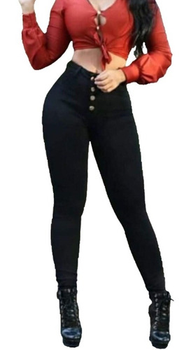 Calça Jeans Feminina Luxo Cintura Alta Preta 4 Botões Dins