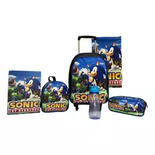 Mochila Infantil Sonic Rodinhas - Kit Completo - 35x54x20cm