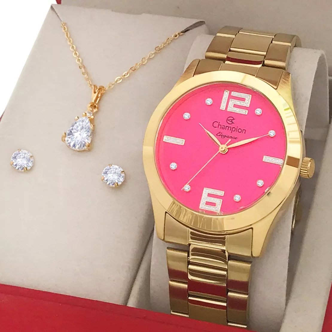 Relógio Champion Feminino Dourado Rosa + Embalagem Presente