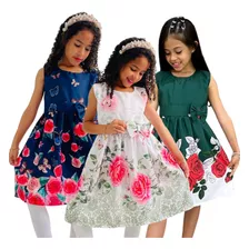 Kit 3 Vestidos Infantis Flores Casual Festa Menina Princesa