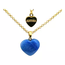 Colar Folheado Ouro 18k Coração Pedra Natural Cianita Azul