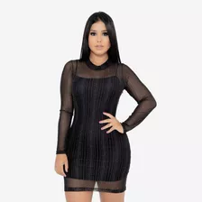 Vestido 2 Peças Transparente Tule Com Vestido Forro Alcinha 