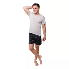 Pijama Verão Masculino Manga Curta Xadrez Adulto Pai Short