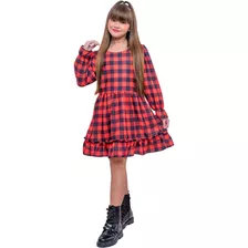 Vestido Infantil Manga Longa Xadrez Country Menina Junina