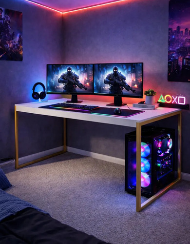Mesa Gamer De Canto Em Mdp Pés De Ferro 150x60cm Para Quarto Diretor Branco/dourado