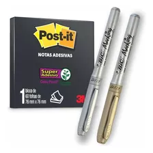 Kit Post-it Preto 3m-60 Folhas 7,6x7,6cm+2 Canetas Bic Metal