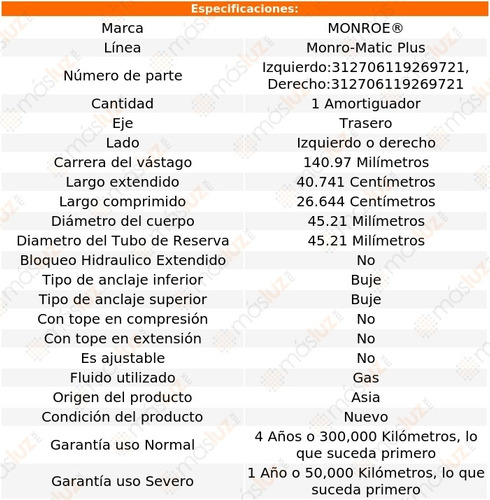 (1) Amortiguador Trasero Monro-matic Plus Gas Pursuit 05/06 Foto 3