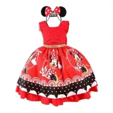 Vestido Festa Super Luxo Infantil Minnie Vermelha E Tiara