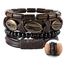 Conjunto Pulsera Brazalete Hombre Cuero 4 En 1 Grano Café