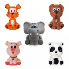 Kit Com 5 Brinquedos Vinil P/ Bebê Cão Panda Porco Elef Tigr