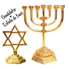 Menorah Candelabro Jerusalém + Estrela De Davi Folheados