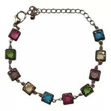 Pulseira Quadradinhos Em Strass Colorido 22cm Folheado Ouro