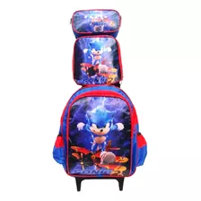 Mochila Sonic Games Infantil Rodinhas Lancheira Estojo Azul