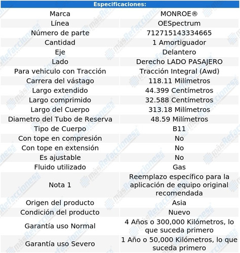 Amortiguador Oespectrum Gas Pasajero Del Fx37 Awd 13 Monroe Foto 3