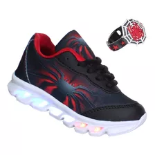 Tenis Infantil Menino Luz Led Aranha Preto Com Pulseira