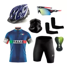 Capacete + Conjunto Ciclismo + Óculos De Proteção + Manguito