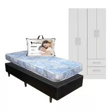 Box Colchón Espuma 13 Cm Almohada Ropero 4 Puertas Blanco Ad