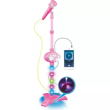 Microfone Infantil Menina Rosa Pedestal Luzes Som Bluetooth