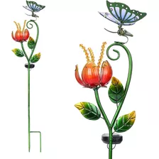 Lámpara Solar De Flor Con Mariposa Vidrio Y Metal Exteriores