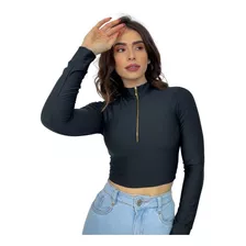 Cropped Blusa Manga Longa Com Zíper E Gola Alta Inverno 