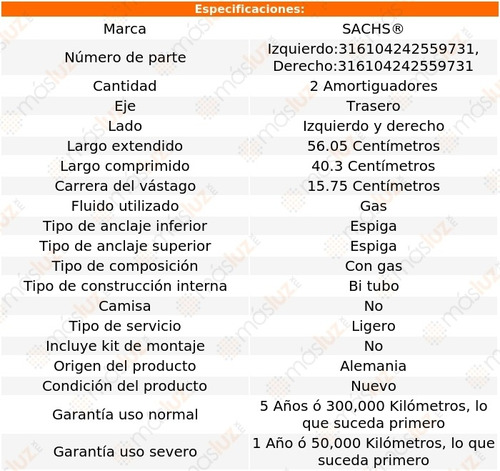 (2) Amortiguadores Gas Traseros Bmw M3 08/12 Sachs Foto 2