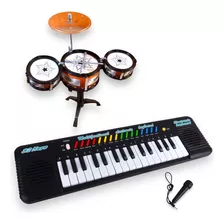 Kit Musical Infantil Mini Bateria + Teclado Piano 32 Teclas